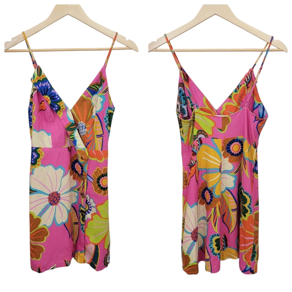 Farm Rio Garden Mini Dress Faux Wrap Pink Linen Blend Bright Neon Colorf… - Picture 5 of 17